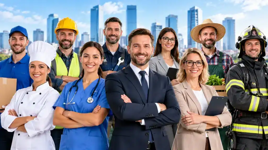 TARCZA Ubezpieczenie Grupowe - Grupa ludzi w różnych zawodach.